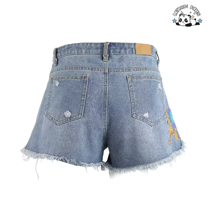 LEZONKIDS - Shorts de jeans personalizados para meninas com lantejoulas, cintura elástica e remendos